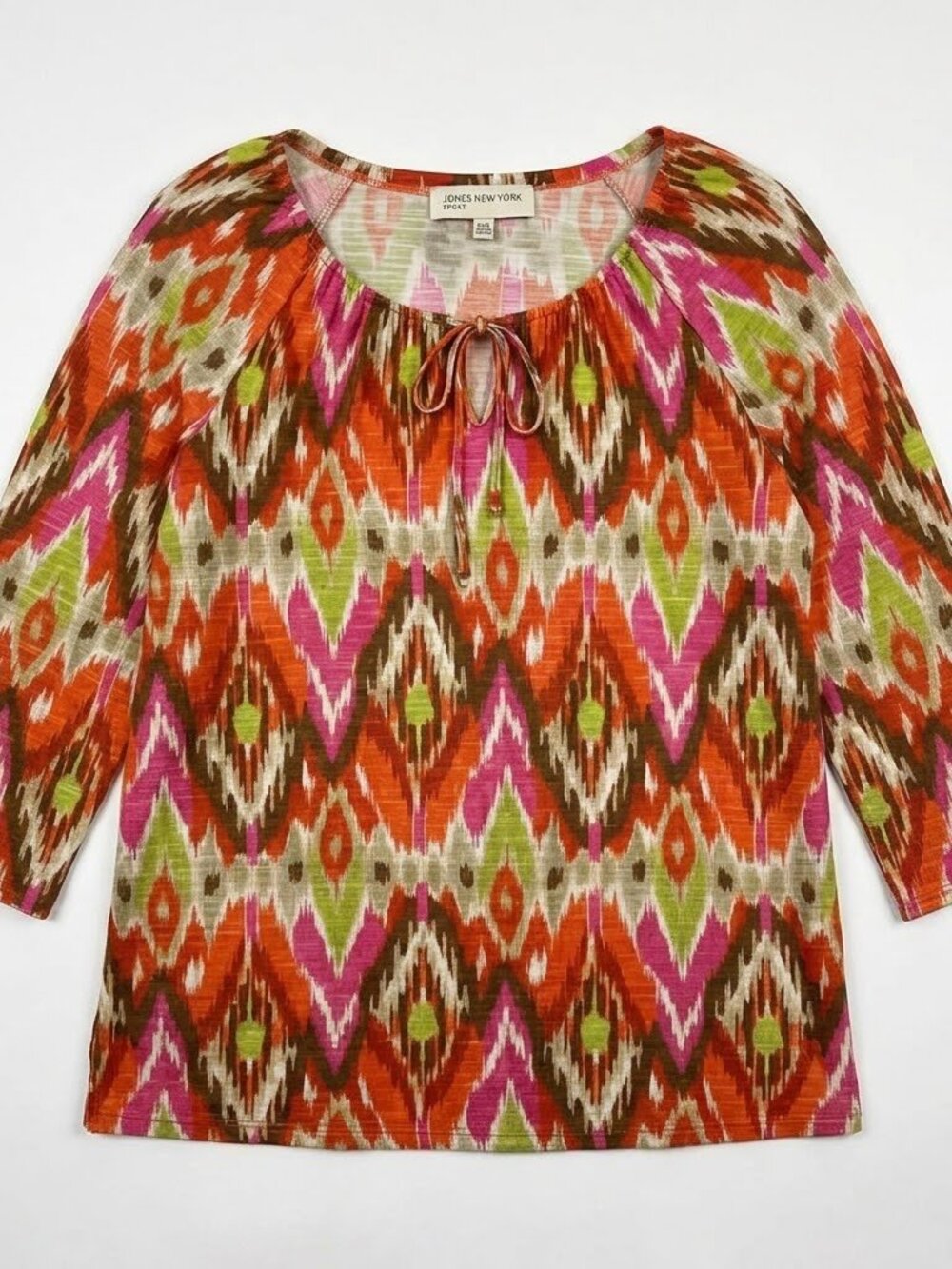 Jones New York Sport XXL Top Ikat Tribal Print Orange Pink Green 3/4 Sleeve